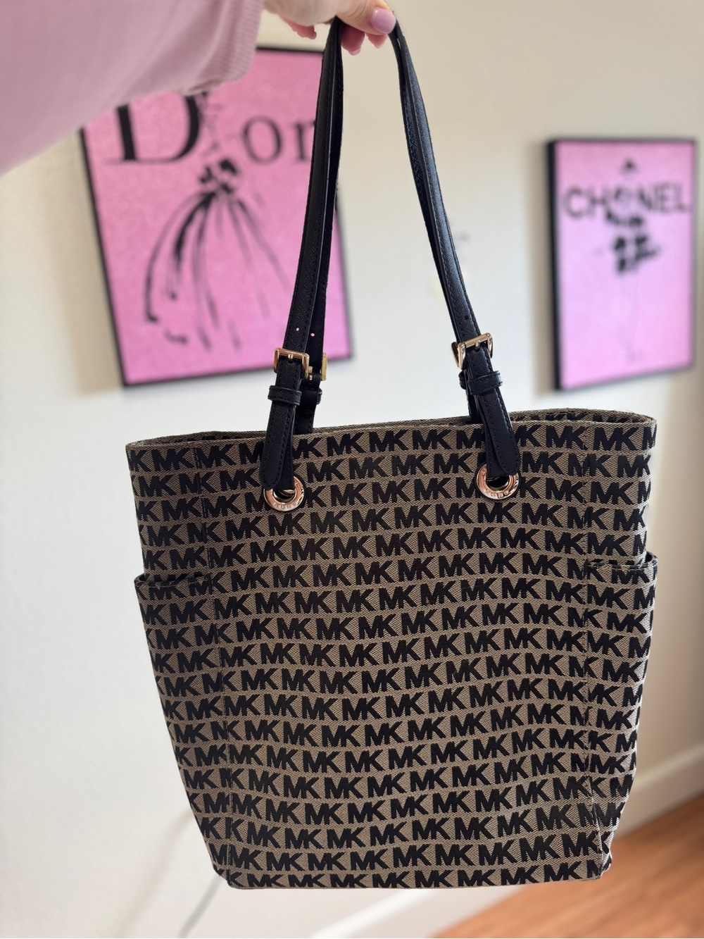 Michael Kors Brown MK Logo Tote with Black Leather Handles